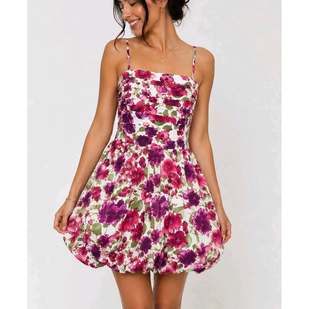Wild Fable Floral Mini Dress Smocked Back Pleated Fit Flare Pink Purple S